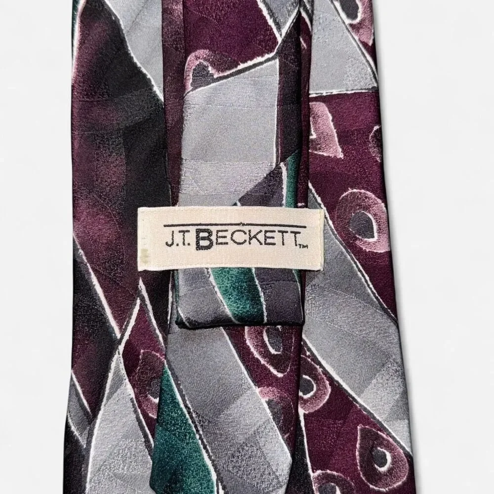 Burgundy Green and Grey Geometric 1980s J. T. Beckett Neck Tie